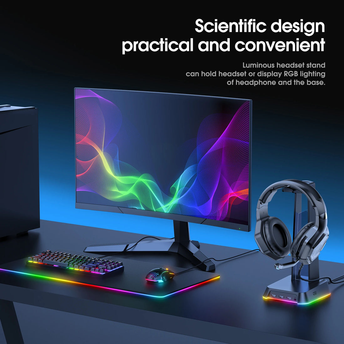 ONIKUMA Headphone Stand With RGB Light Headset Holder With 3*USB Ports & 3.5mm Headphone Jack For PC Gamers