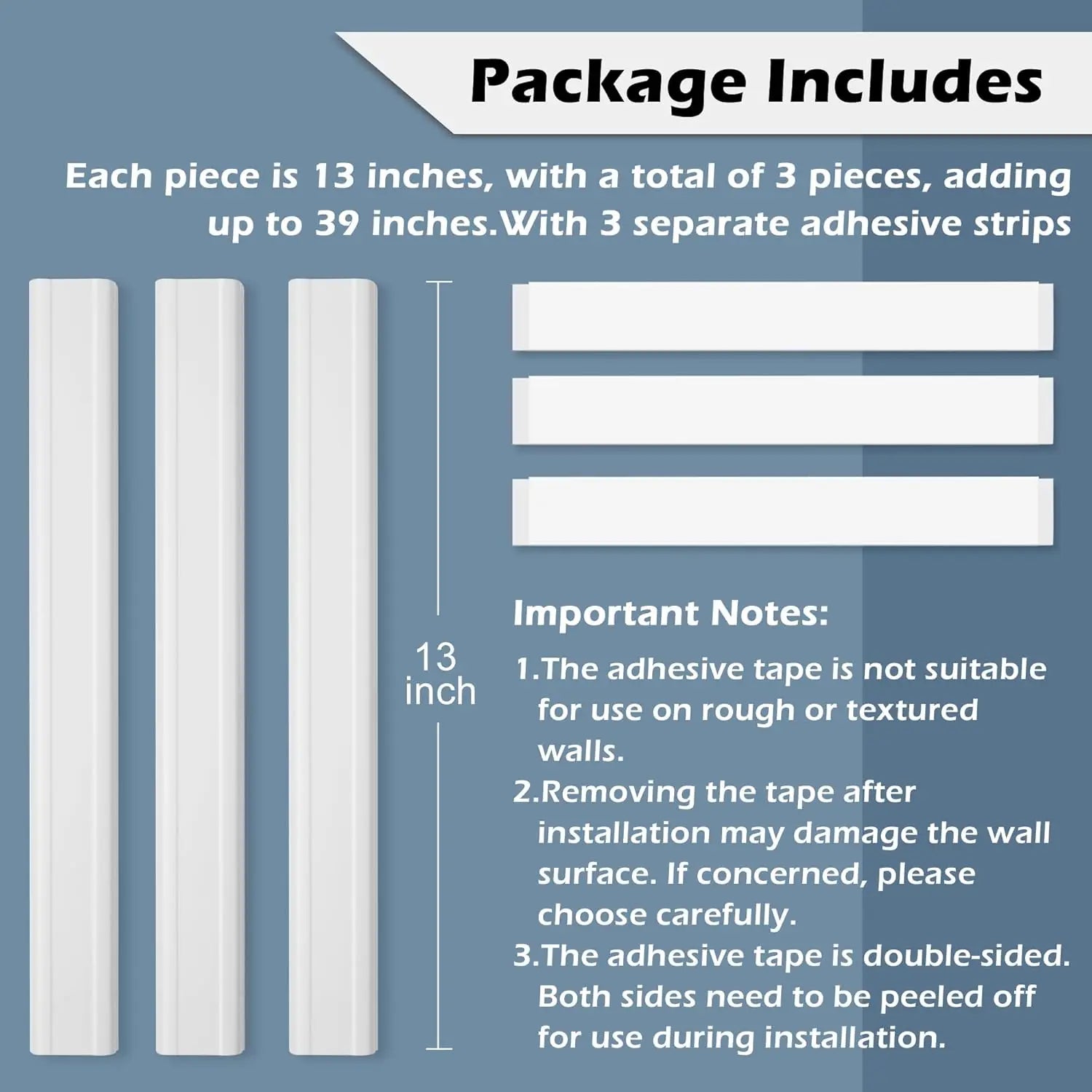 39in Cord Hider Kit - 3x13in Cable Cover for Wall Mounted TV, Wire Concealer, 1.5"W x 0.75"H, White