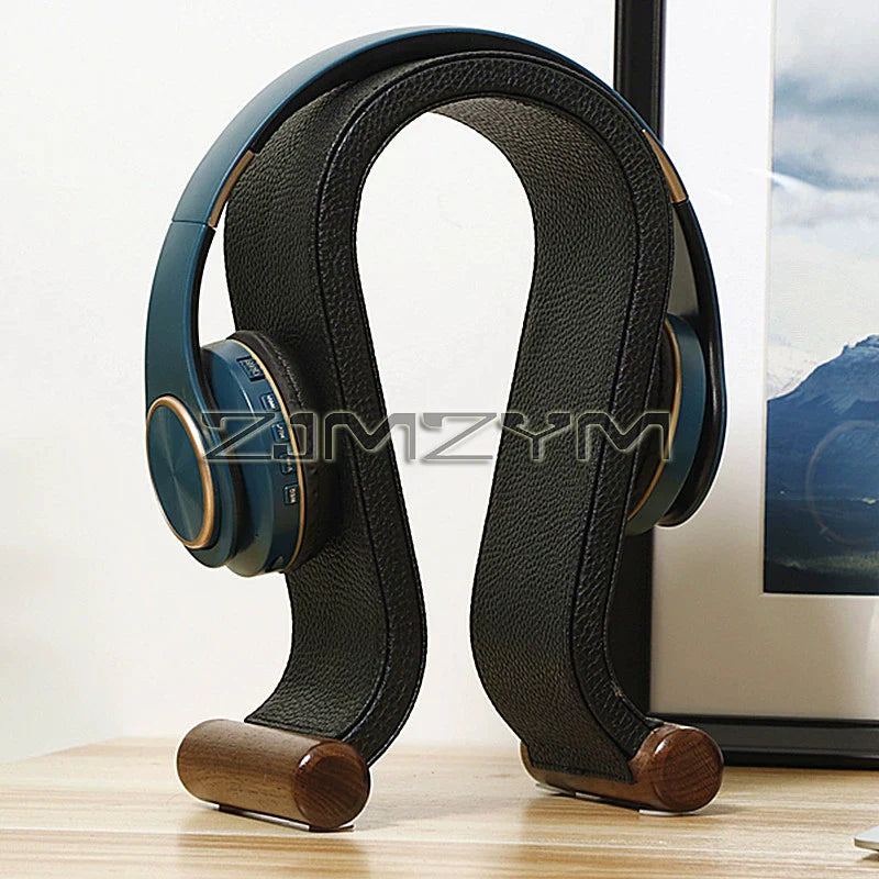Universal Gaming Headset Stand Leather+Wood Headphone Holder Desk Display Shelf for Wired/Wireless Headphones Space Saving