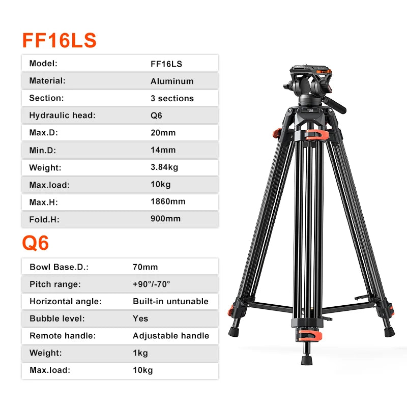 COMAN FF16LS 74" Professional Metal Heavy Duty Camera Tripod Video Tripod With Q6 New Fluid Head Adjustable Damping Fluid Head Dual Mode QR Plate Compatible with DJI RS4 Manfrotto