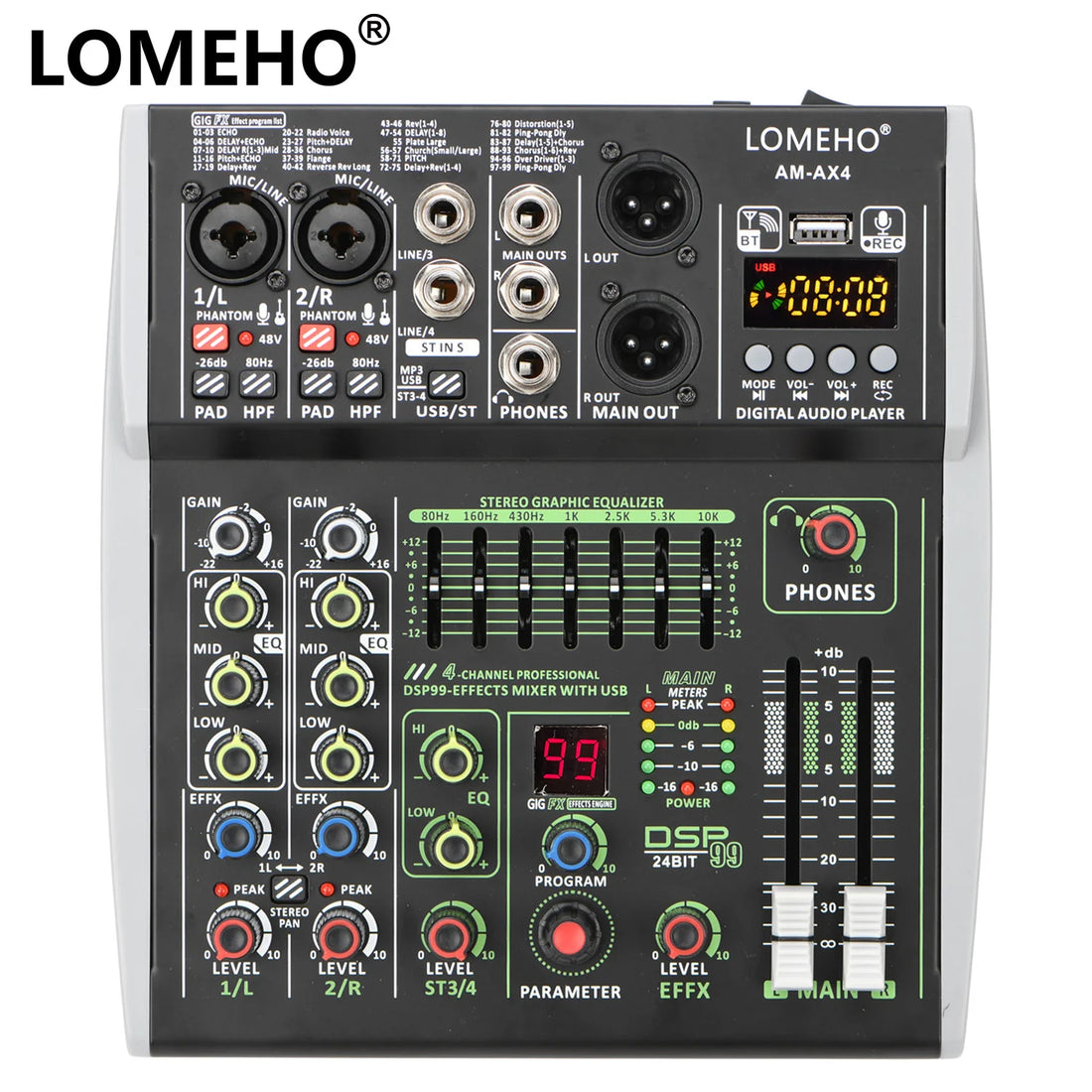 4 Channel Audio Sound Mixer 7 Band EQ 99 DSP Effects 48V Bluetooth Sound Mixing Console PC Playback Recording DJ Party AM-AX4