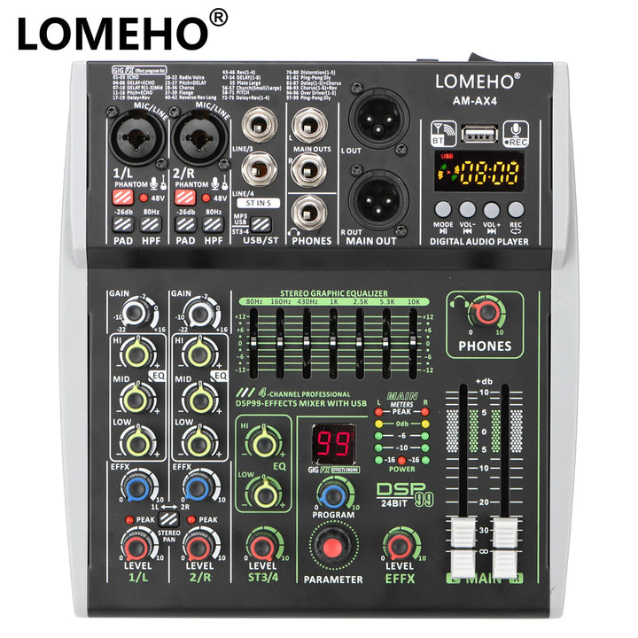 4 Channel Audio Sound Mixer 7 Band EQ 99 DSP Effects 48V Bluetooth Sound Mixing Console PC Playback Recording DJ Party AM-AX4