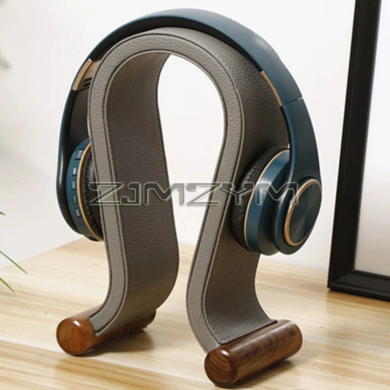 Universal Gaming Headset Stand Leather+Wood Headphone Holder Desk Display Shelf for Wired/Wireless Headphones Space Saving