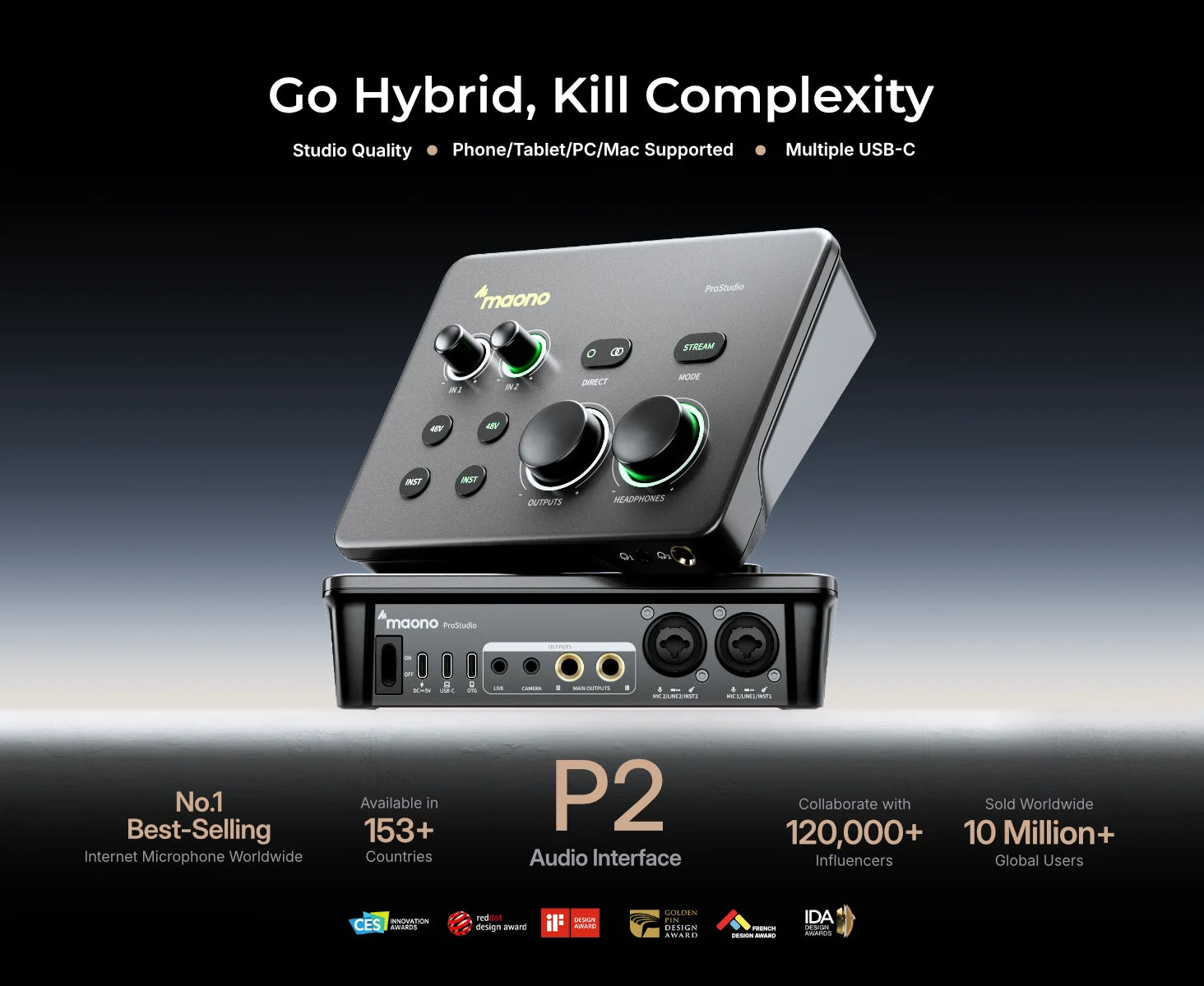 MAONO P2 Hybrid USB Audio Interface Mixers Dual XLR for PC Phone iPad Guitar 56dB Gain Loopback for Podcast Streaming Recording