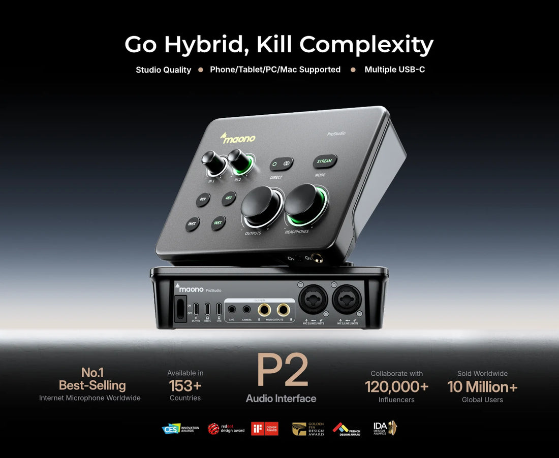 MAONO P2 Hybrid USB Audio Interface Mixers Dual XLR for PC Phone iPad Guitar 56dB Gain Loopback for Podcast Streaming Recording
