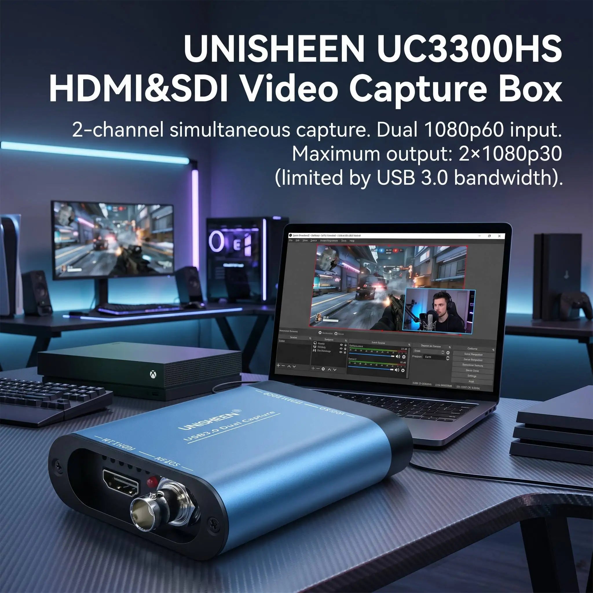 UNISHEEN 2-Channel SDI HDMI VIDEO CAPTURE Card Box USB3.0 60FPS FPGA Grabber Dongle Game Streaming Equipment 1080P OBS VMix