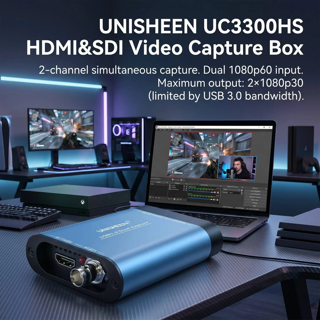 UNISHEEN 2-Channel SDI HDMI VIDEO CAPTURE Card Box USB3.0 60FPS FPGA Grabber Dongle Game Streaming Equipment 1080P OBS VMix