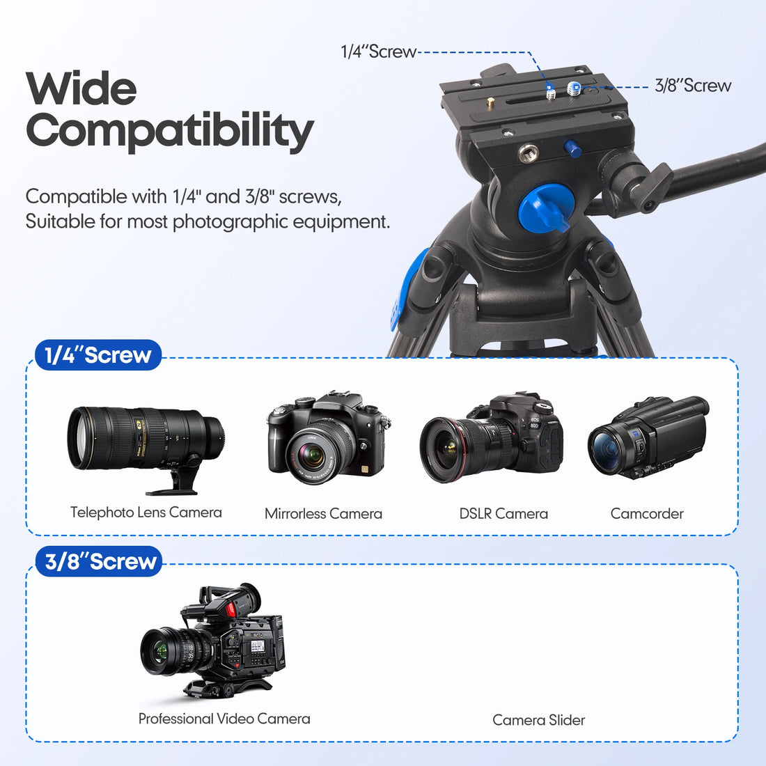 Besnfoto 74" Heavy Duty Aluminum Photography Video Tripod with Fluid Head & Quick Release for DSLR Cameras Camcorders