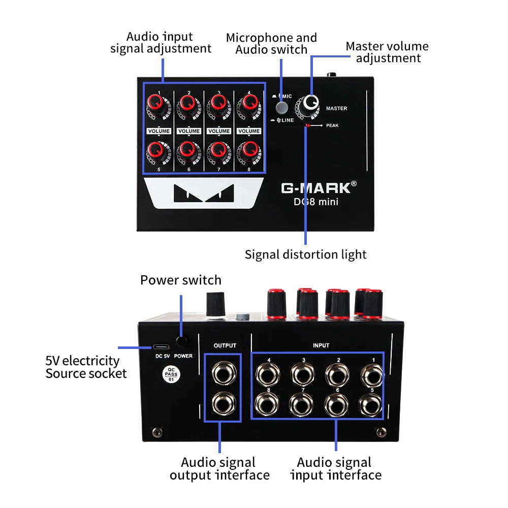 Sound Mixer Line Mixer G-MARK DG8mini Ultra Low Noise 8 Channels Mini Power Supply DC5V Easy Operation Audios Mixer