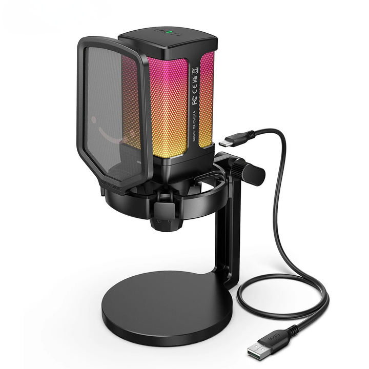 AmpliGame Gaming USB Microphone with Noise Cancelling,RGB Mic with Quick Mute,Gain Knob for Streaming,PC,Laptop,PS4/5,Mobile-Q6